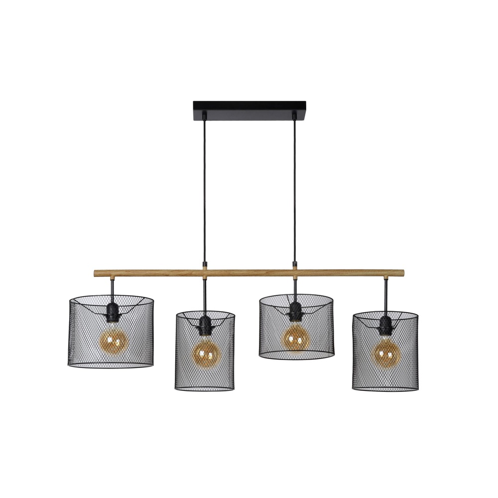 Lucide 4-lichts hanglampBaskett zwart met hout - 45459/04/30
